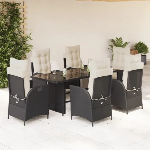 Conjunto de Jantar p/ Jardim c/ Almofadões Vime PE Preto (7 pcs)