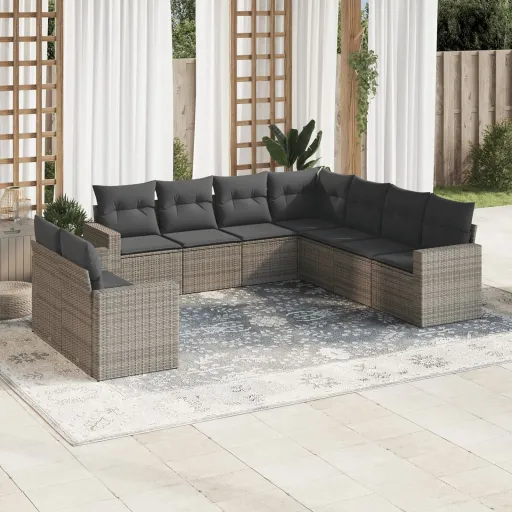 Conjunto Sofás p/ Jardim com Almofadões Vime PE Cinzento (9 pcs)