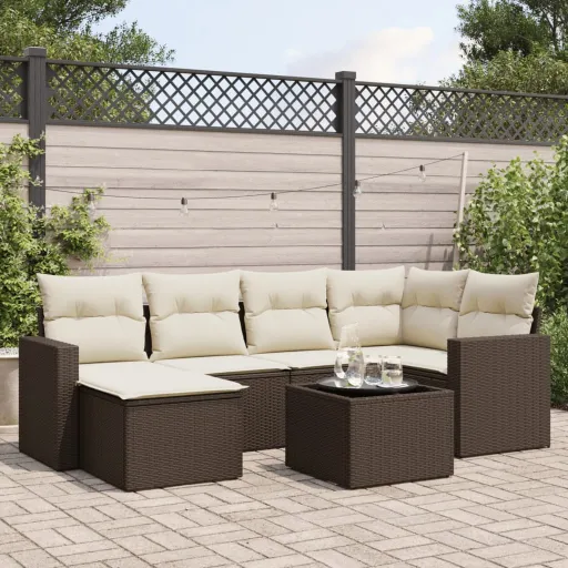 Conjunto de Sofás Jardim c/ Almofadões Vime PE Castanho (7 pcs)