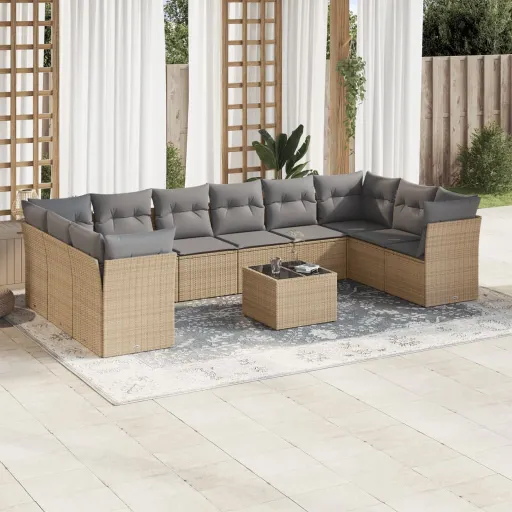 Conjunto Sofás de Jardim c/ Almofadões Vime PE Bege (11 pcs)