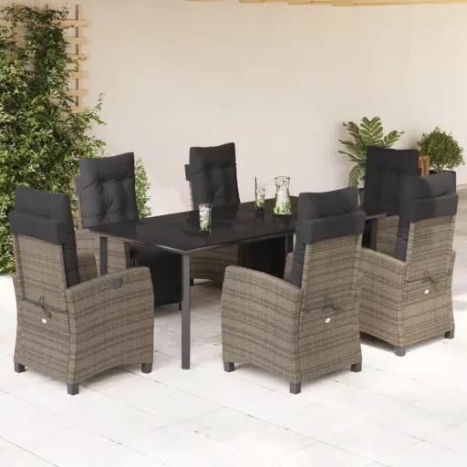 Conjunto de Jantar p/ Jardim c/ Almofadões Vime PE Cinza (7 pcs)