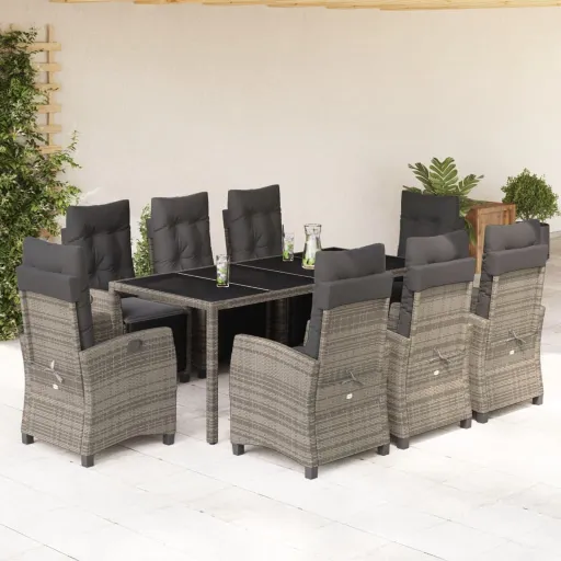 Conjunto de Jantar p/ Jardim c/ Almofadões Vime PE Cinza (9 pcs)