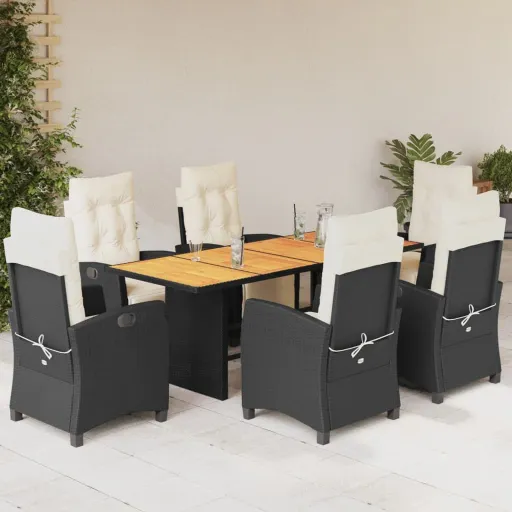 Conjunto de Jantar p/ Jardim c/ Almofadões Vime PE Preto (7 pcs)