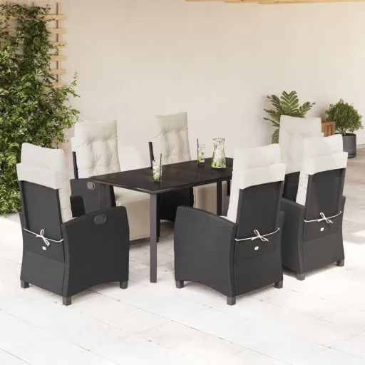 Conjunto de Jantar p/ Jardim c/ Almofadões Vime PE Preto (7 pcs)