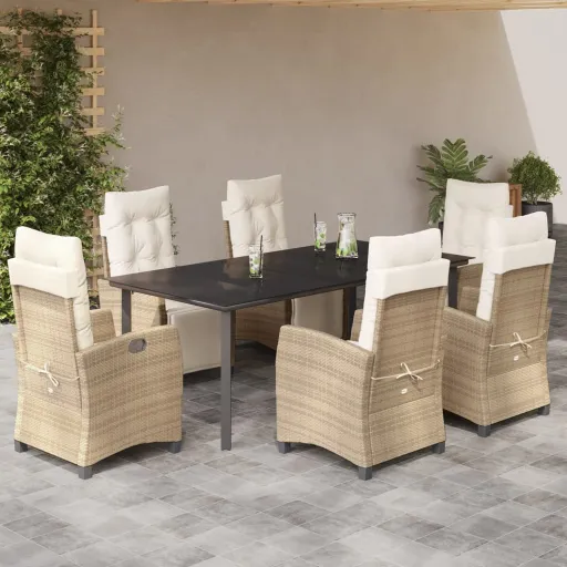 Conjunto de Jantar p/ Jardim com Almofadões Vime PE Bege (7 pcs)