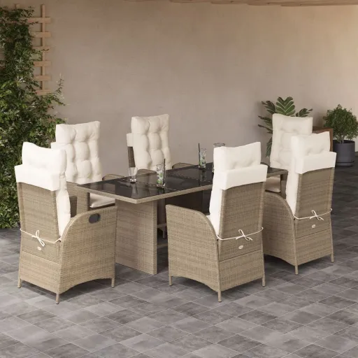 Conjunto de Jantar p/ Jardim com Almofadões Vime PE Bege (7 pcs)