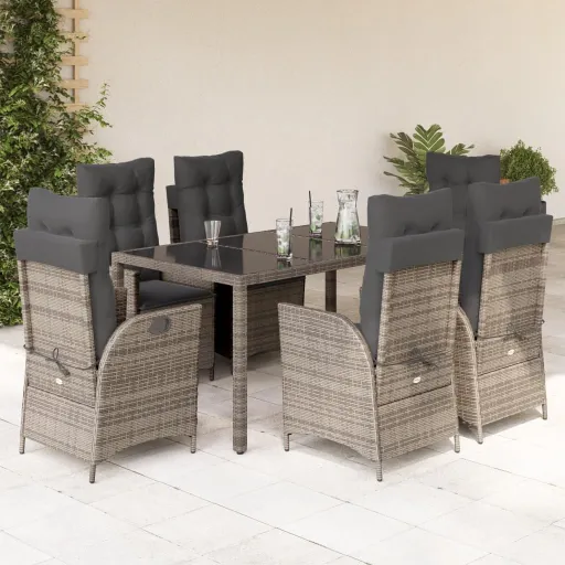 Conjunto de Jantar p/ Jardim c/ Almofadões Vime PE Cinza (7 pcs)