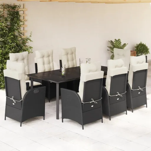 Conjunto de Jantar p/ Jardim c/ Almofadões Vime PE Preto (9 pcs)