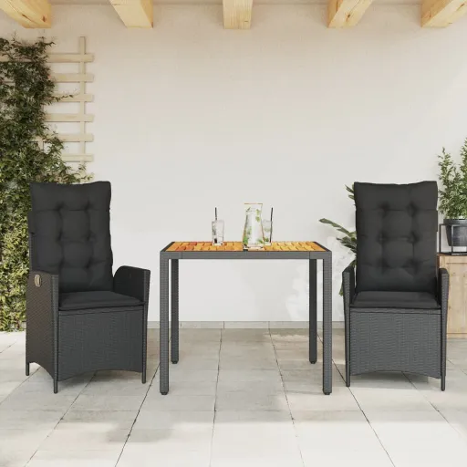 Conjunto de Jantar p/ Jardim c/ Almofadões Vime PE Preto (3 pcs)