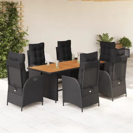 Conjunto de Jantar p/ Jardim c/ Almofadões Vime PE Preto (7 pcs)
