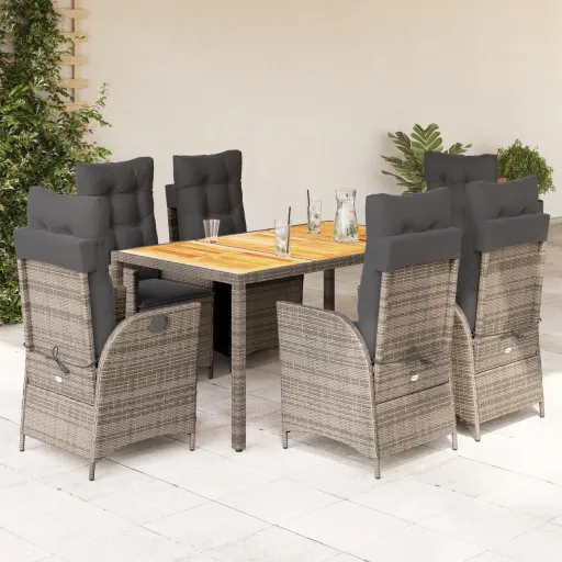Conjunto de Jantar p/ Jardim c/ Almofadões Vime PE Cinza (7 pcs)