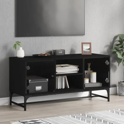 Móvel de TV c/ Portas de Vidro 102x37x50 cm Preto
