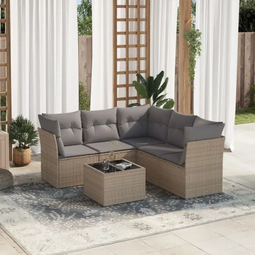 Conjunto de Sofás p/ Jardim com Almofadões Vime PE Bege (6 pcs)