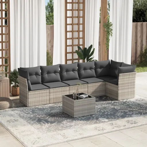 Conj. Sofás Jardim com Almofadões Vime PE Cinzento-Claro (7 pcs)