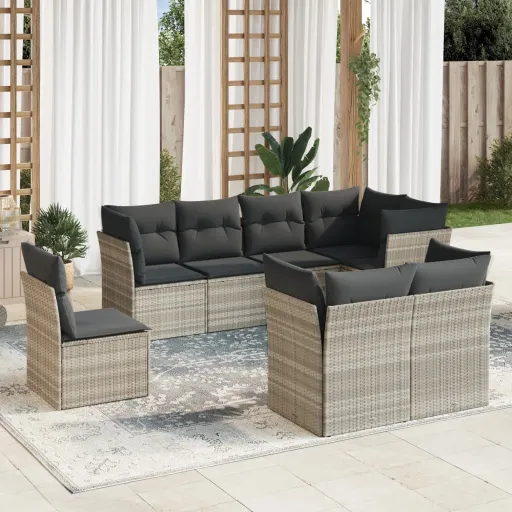 Conj. Sofás Jardim c/ Almofadões Vime PE Cinzento-Claro (8 pcs)