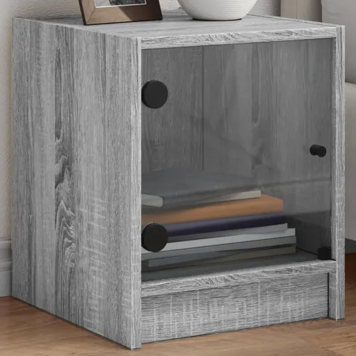 Mesa de Cabeceira c/ Porta de Vidro 35x37x42 cm Cinzento Sonoma