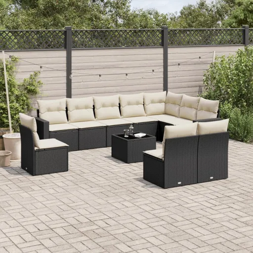 Conjunto Sofás de Jardim c/ Almofadões Vime PE Preto (11 pcs)