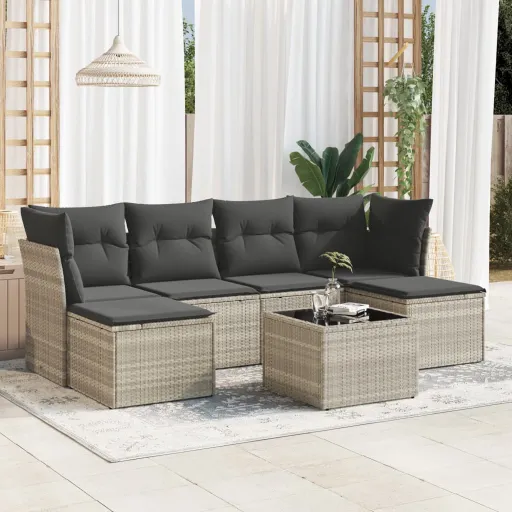 Conj. Sofás Jardim com Almofadões Vime PE Cinzento-Claro (7 pcs)