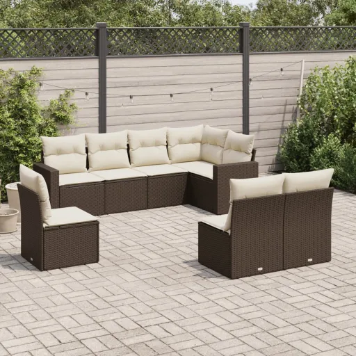 Conjunto Sofás de Jardim c/ Almofadões Vime PE Castanho (8 pcs)