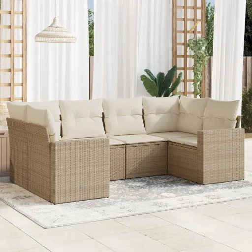 Conjunto de Sofás p/ Jardim com Almofadões Vime PE Bege (6 pcs)