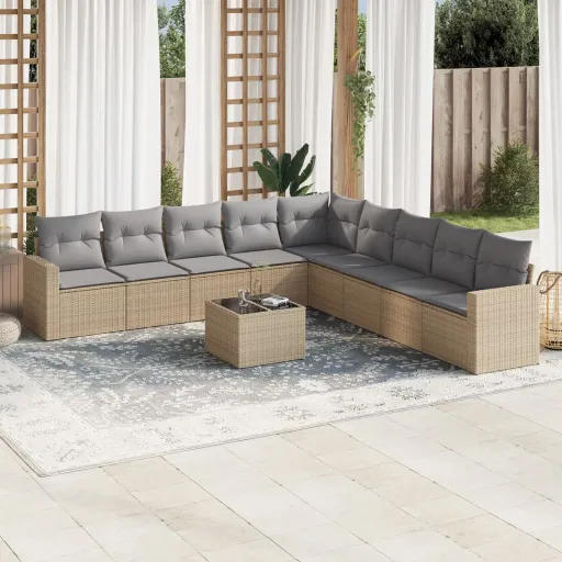Conjunto de Sofás p/ Jardim com Almofadões Vime PE Bege (10 pcs)