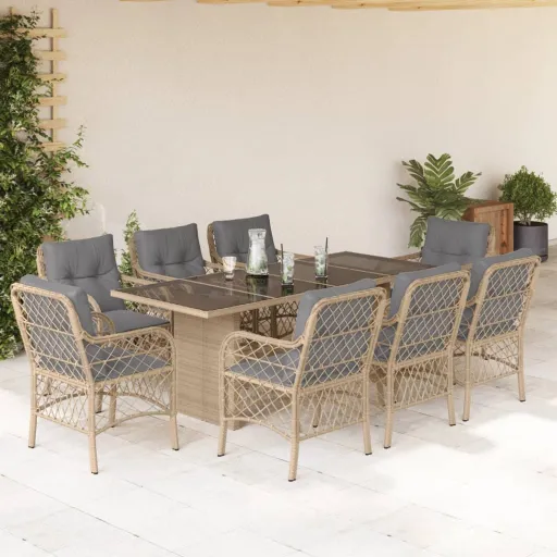 Conj. Jantar Jardim c/ Almofadões Vime PE Bege Misturado (9 pcs)
