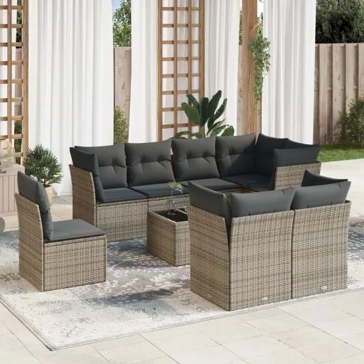 Conjunto Sofás p/ Jardim com Almofadões Vime PE Cinzento (9 pcs)