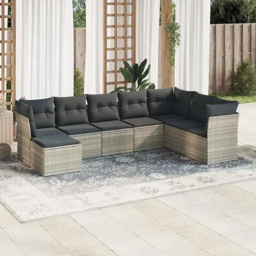 Conj. Sofás Jardim c/ Almofadões Vime PE Cinzento-Claro (8 pcs)
