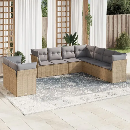 Conjunto de Sofás p/ Jardim com Almofadões Vime PE Bege (9 pcs)