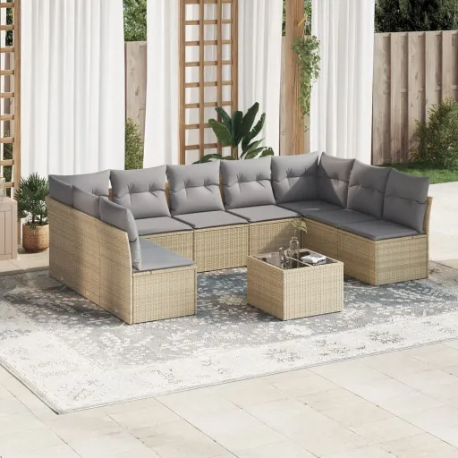 Conjunto de Sofás p/ Jardim com Almofadões Vime PE Bege (10 pcs)