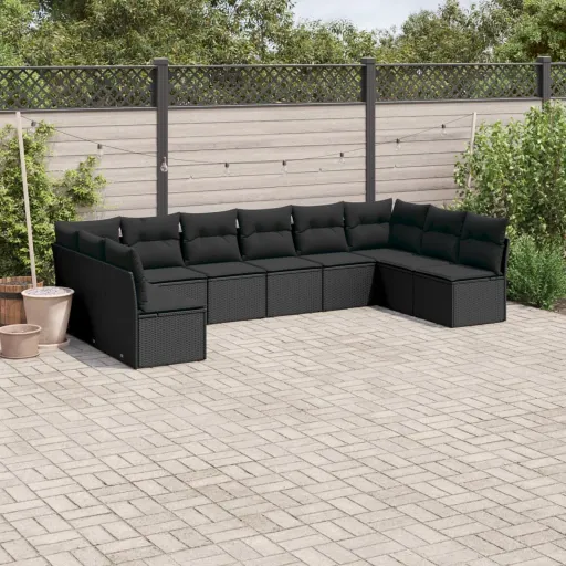 Conjunto Sofás de Jardim c/ Almofadões Vime PE Preto (10 pcs)