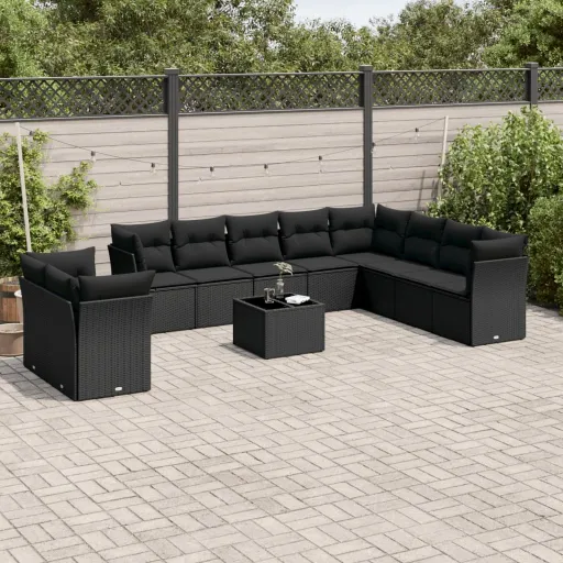Conjunto Sofás de Jardim c/ Almofadões Vime PE Preto (11 pcs)