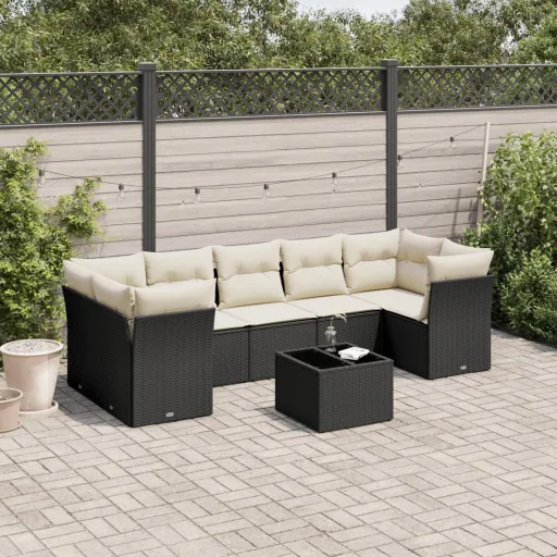 Conjunto Sofás de Jardim com Almofadões Vime PE Preto (8 pcs)