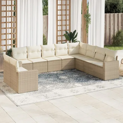 Conjunto de Sofás p/ Jardim com Almofadões Vime PE Bege (10 pcs)