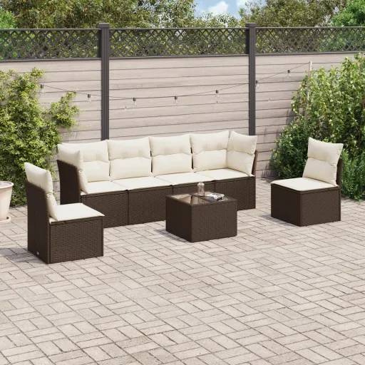 Conjunto de Sofás Jardim c/ Almofadões Vime PE Castanho (7 pcs)