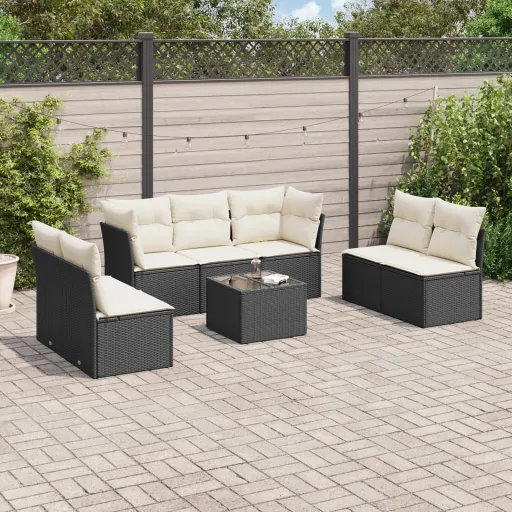 Conjunto Sofás de Jardim com Almofadões Vime PE Preto (8 pcs)
