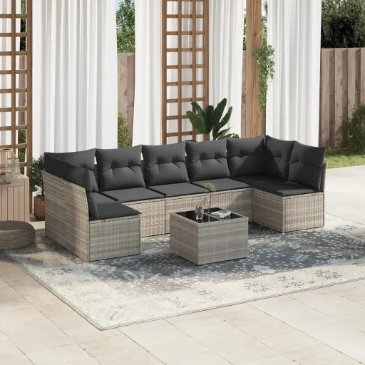 Conj. Sofás Jardim c/ Almofadões Vime PE Cinzento-Claro (8 pcs)