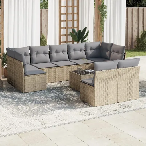 Conjunto de Sofás p/ Jardim com Almofadões Vime PE Bege (10 pcs)