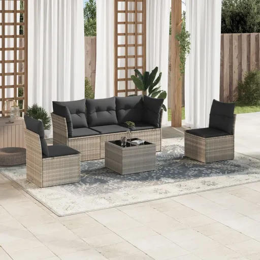 Conj. Sofás Jardim com Almofadões Vime PE Cinzento-Claro (6 pcs)