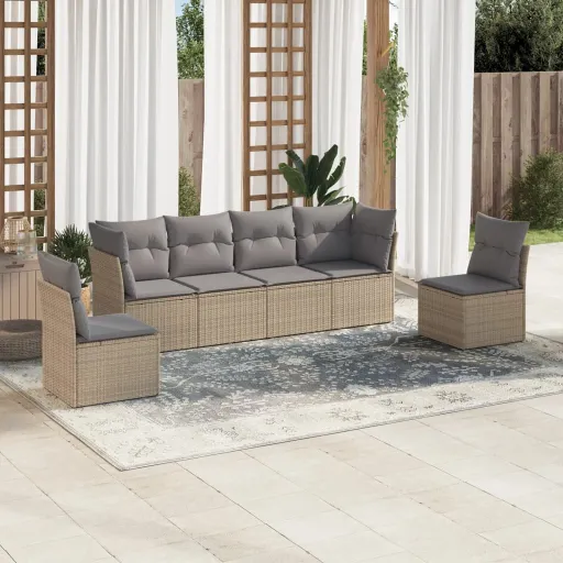 Conjunto de Sofás p/ Jardim com Almofadões Vime PE Bege (6 pcs)