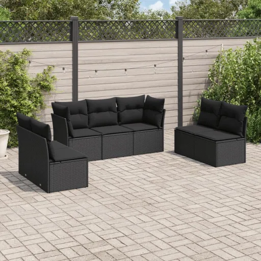 Conjunto de Sofás p/ Jardim c/ Almofadões Vime PE Preto (7 pcs)