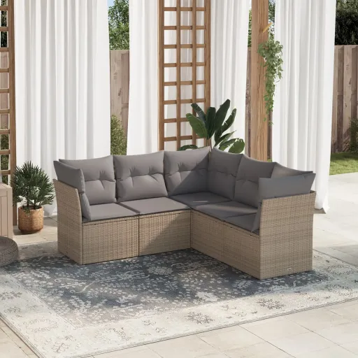 Conjunto de Sofás p/ Jardim com Almofadões Vime PE Bege (5 pcs)