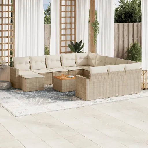 Conjunto de Sofás p/ Jardim com Almofadões Vime PE Bege (13 pcs)