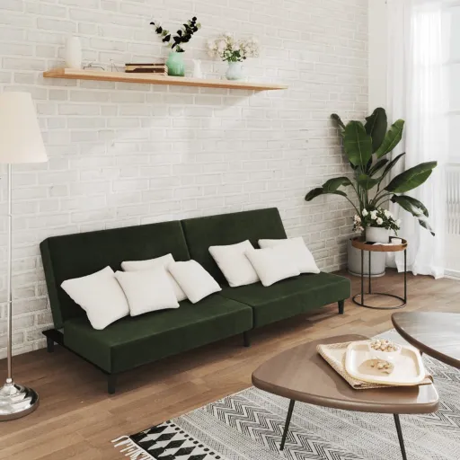 Sofá-Cama de 2 Lugares Veludo Verde-Escuro