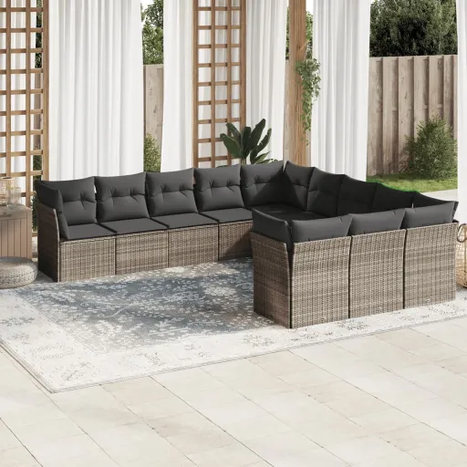 Conjunto Sofás de Jardim c/ Almofadões Vime PE Cinzento (11 pcs)
