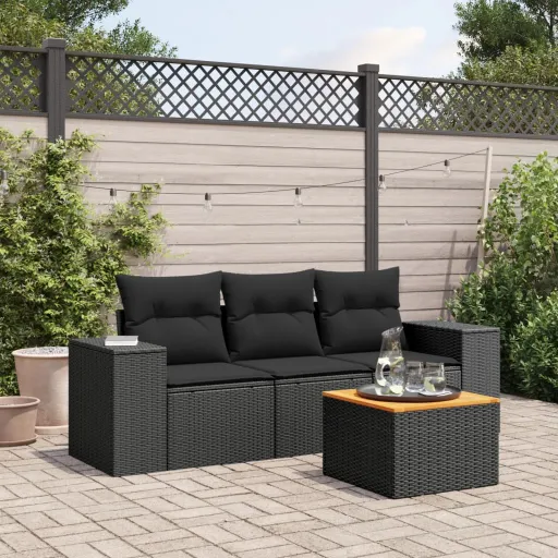 Conjunto de Sofás para Jardim c/ Almofadões Vime PE Preto (4 pcs)