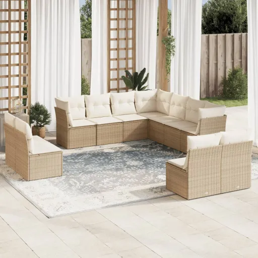 Conjunto Sofás de Jardim c/ Almofadões Vime PE Bege (11 pcs)