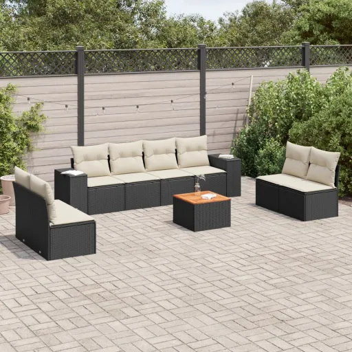 Conjunto de Sofás p/ Jardim c/ Almofadões Vime PE Preto (9 pcs)