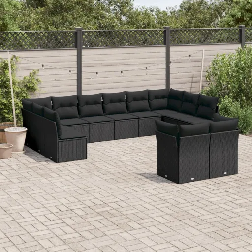 Conjunto de Sofás de Jardim c/ Almofadões Vime PE Preto (12 pcs)