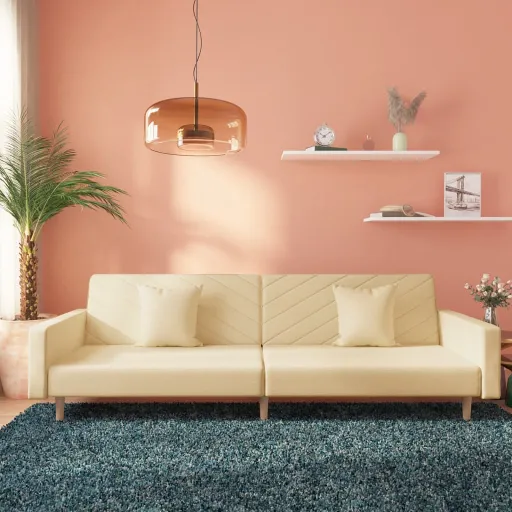 Sofá-Cama 2 Lugares com Duas Almofadas Tecido Cor Creme